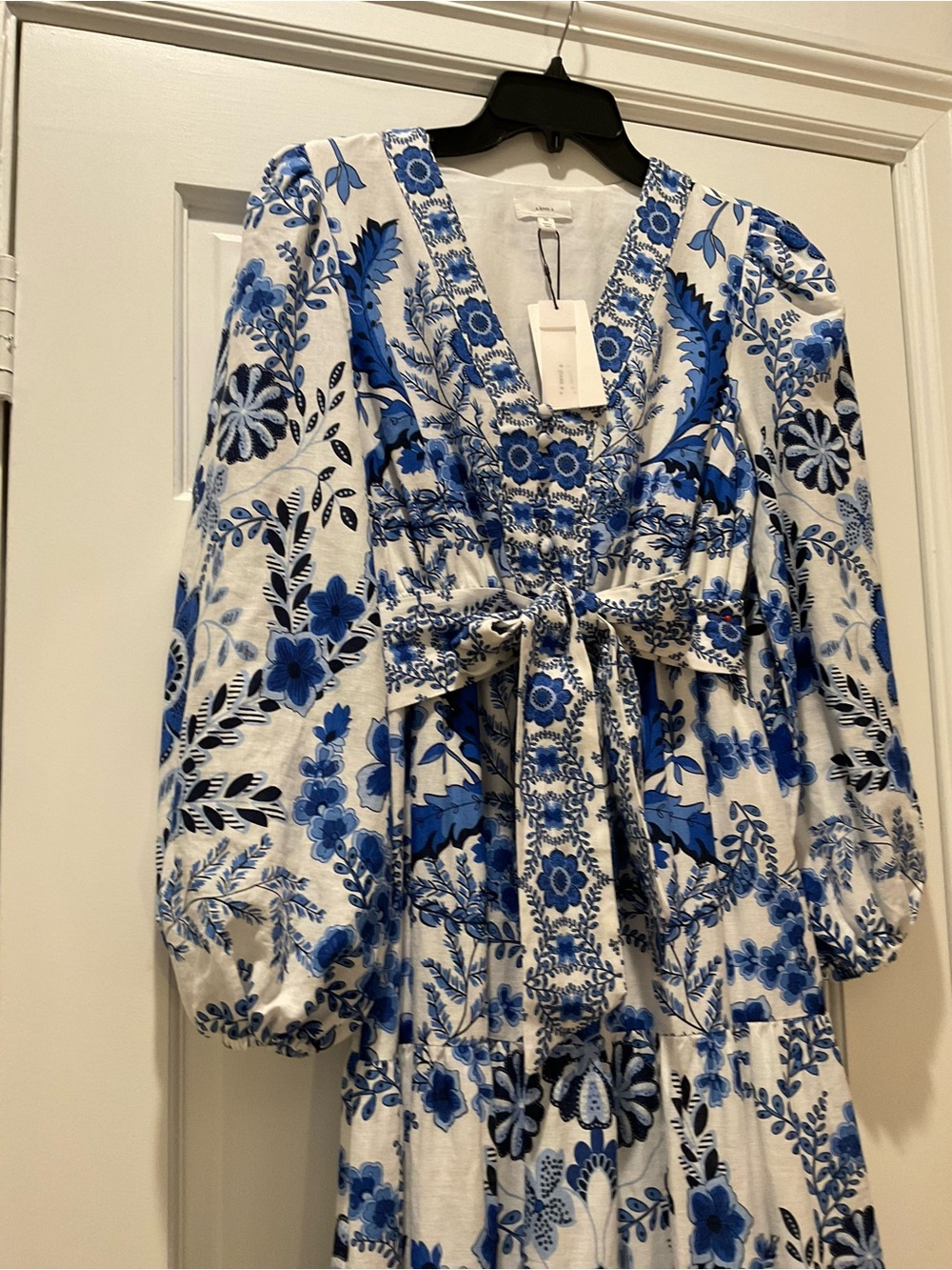 Blue and White Floral Maxi Dress with Waist Tie - Picture 5 of 9